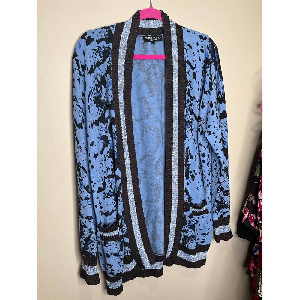 Central Park West Snake Print Cardigan Sweater Knit Open‎ Front Blue Womens Sz L